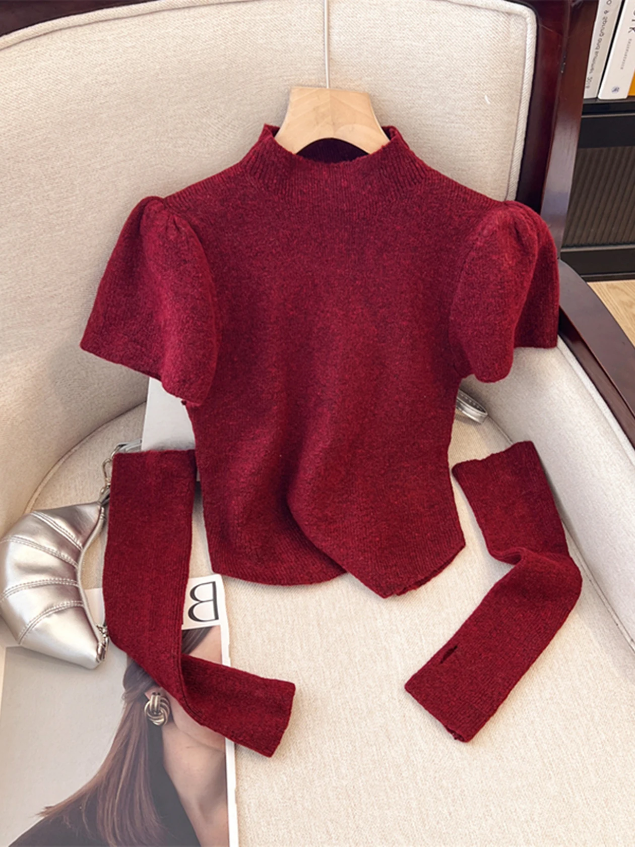 

Half High Neck Bubble Sleeve Long Sleeved Knitted Sweater Korean Style Soft Warm Sweater 2025 Autumn/Winter New Women's Clothing
