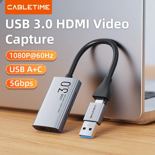 Tarjeta de captura de vídeo CABLETIME USB 3,0 4K HDMI a USB/USB-C HDMI caja de captura de vídeo para PC cámara de ordenador juegos en vivo