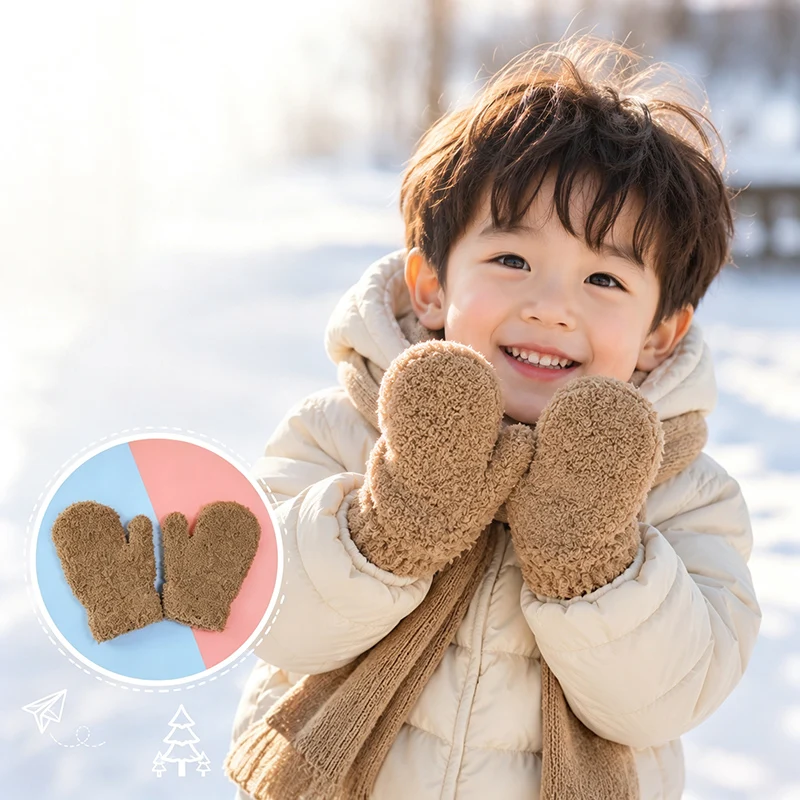 0-3 Years Old, Autumn and Winter, Cold-Resistant and Warm Knit Dance Gloves, Baby Plush, Thick and Soft Bag Finger Etiquette Gloves