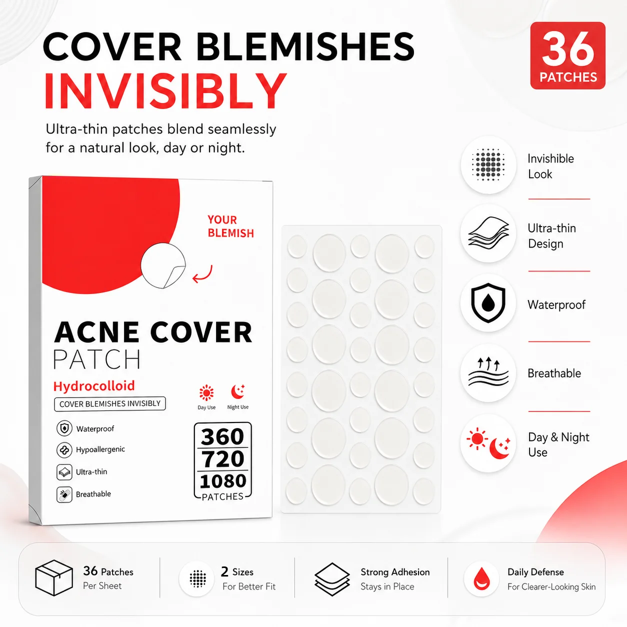 360/720/1080PCS Hydrocolloid Acne Cover Patches Invisible Ultra Thin Waterproof Blemish Stickers for Face Day Night Skincare