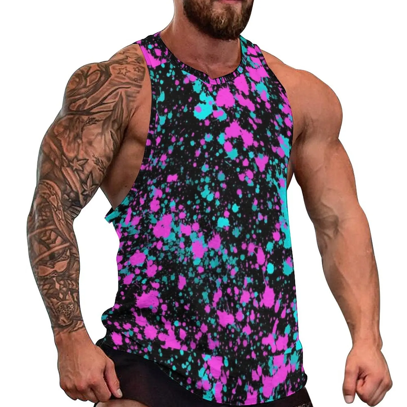 Neon Paint Splatter Tank Top Males Pink And Blue Sportswear Tops Daily Gym Design Sleeveless Vests 3XL 4XL 5XL