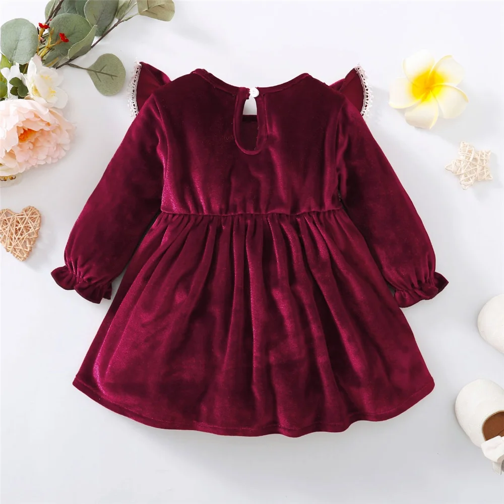 Christmas Party Skirt Baby Girl Long Sleeve Ruffle Satin Finish Dress Fashion Holiday Autumn Winter Wear for Kids Girl 0-7 Years