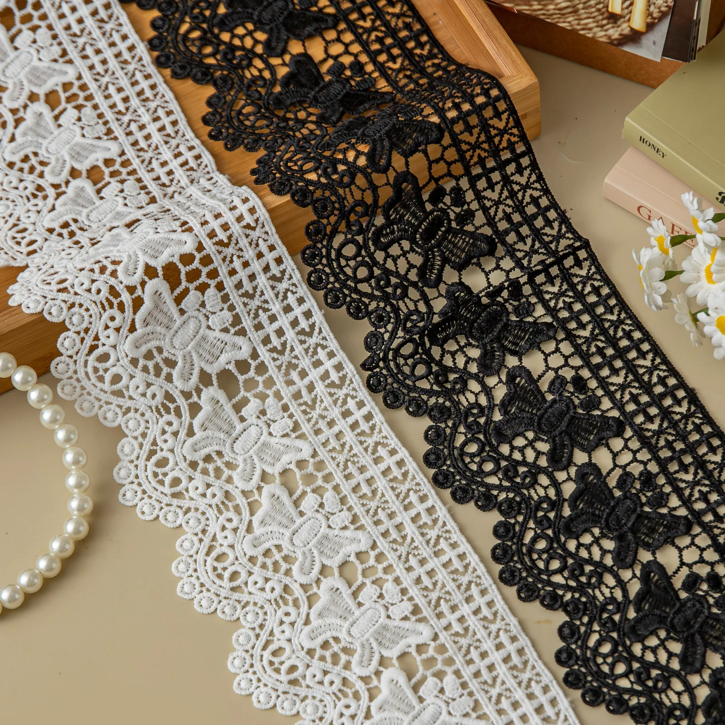 10cm Wide Black White Milk Silk Water Soluble Embroidery Lace Sold Per Yard, Trim for Neckline Cuffs Trouser Hem Widening
