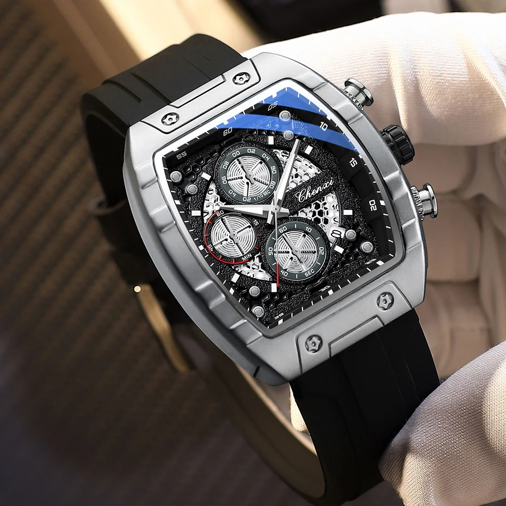 CHENXI Men's Sport Tonneau Fashion Quartz Watch Multifunction Chronograph Date Waterproof Luminous Premium Quality Wristwatch