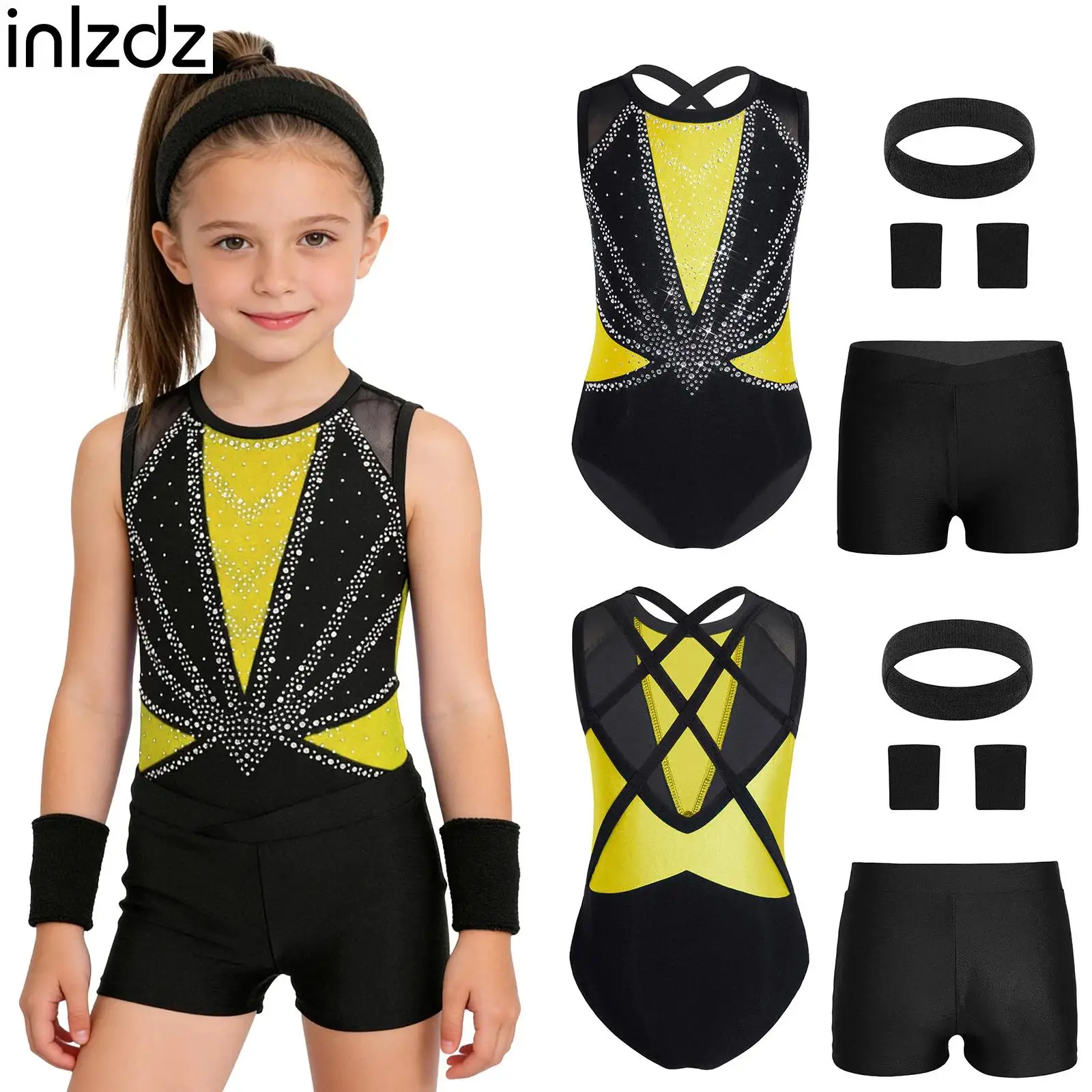 

Figure Ice Skating Dance Outfit Kids Girls Ballet Dancewear Sleeveless Leotard+Shorts+Accessories Sets for Training Performance