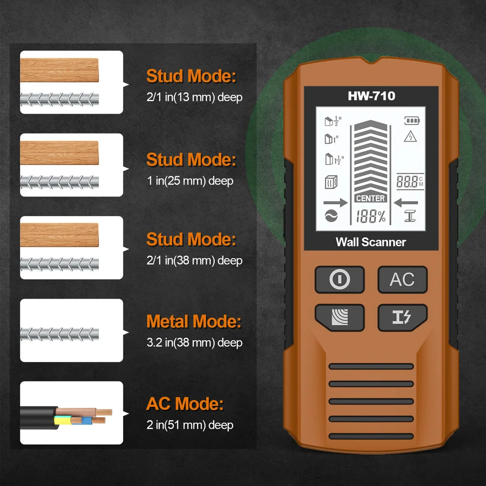 HW-710 Multifunctional Wall Detector 5-in-1 Metal Stud AC Wire Scanner LCD Display Deep Detection Tool For Drywall Wood Drilling