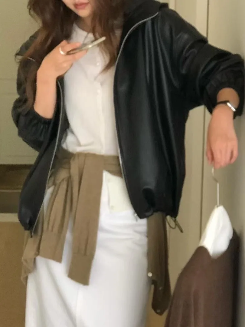 Coreano Sle Retro Street Faion con cappuccio in pelle PU Jaet donna sciolto Sli abbigliamento da moto Jaet