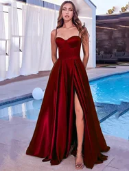 Wine Red Evening Dress Women Elegant Sexy Satin Backless Suspenders Bridal Formal Long Ball Gowns Trend Pageant Dress