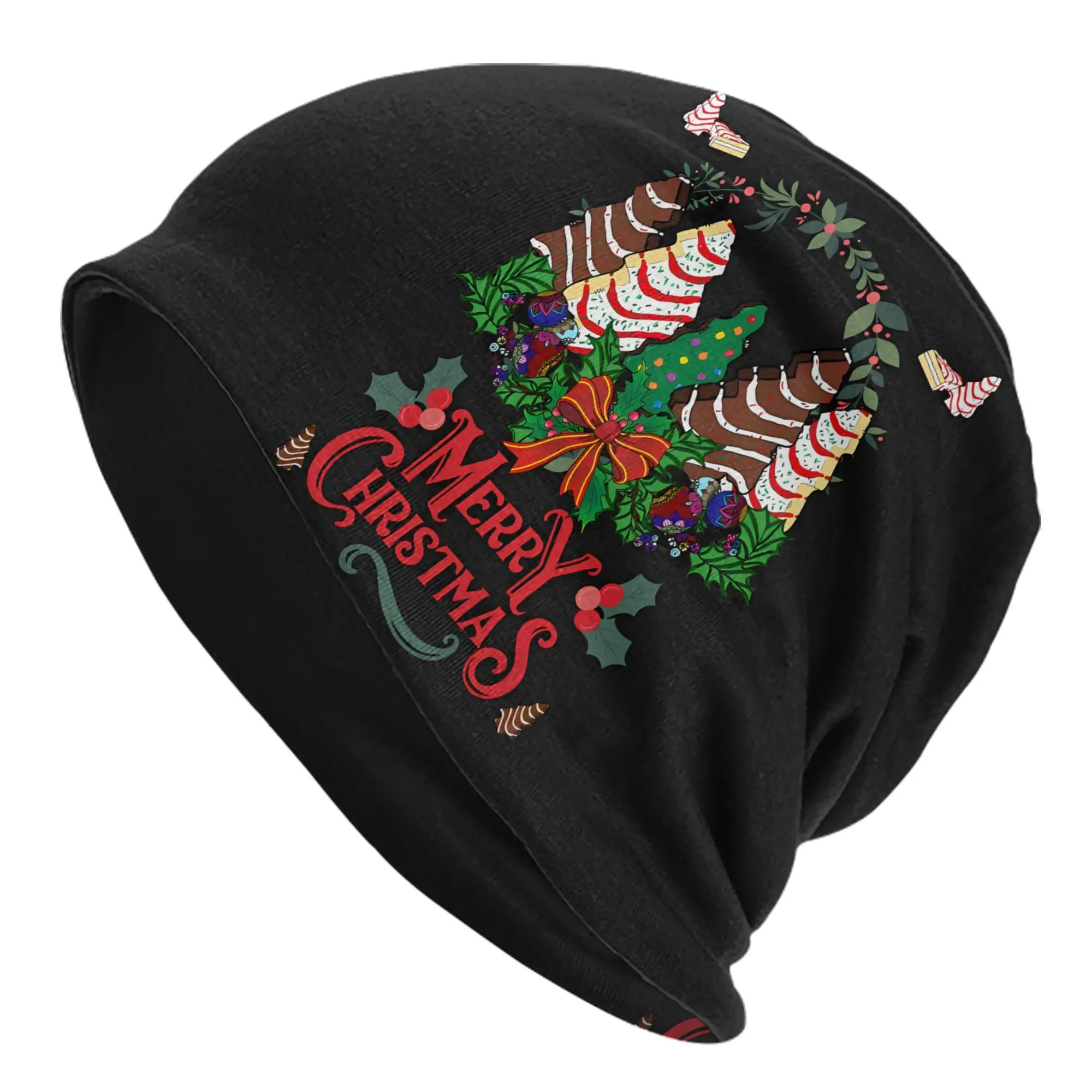 Men's Funky Christmas Tree Cake Design Beanie Hat Black Holiday Winter Cap with Candy Canes, Holly Snowflakes