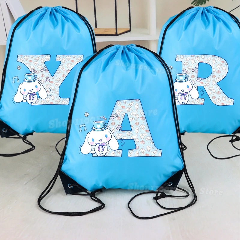 

Cute Cinnamoroll Girl Drawstring Bag Sanrio Anime Letters A-Z Print Kids Portable Pocket Party Gift Hand Bag Toys Storage Pouche