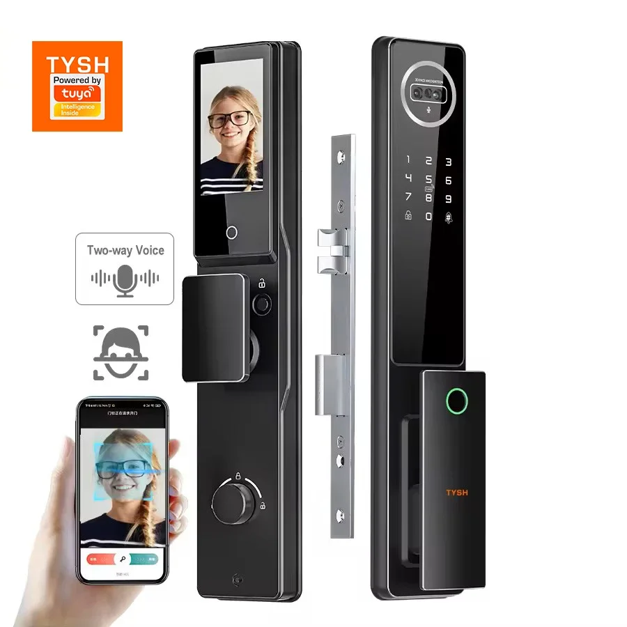 004 Tuya Wifi video intercom 3D face recognition fingerprint lock intelligent door lock fine carving  automatic digital door loc