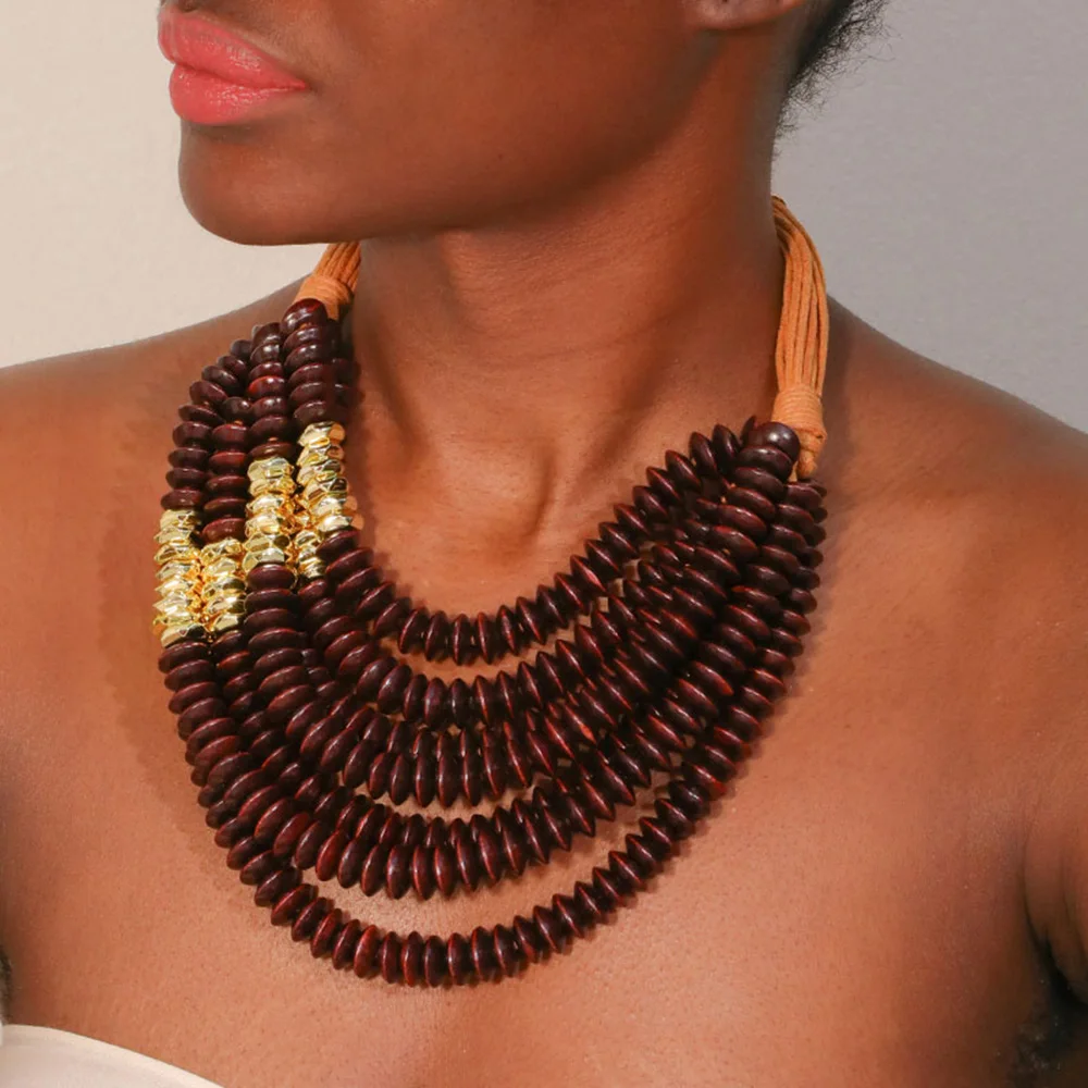 

Statement Vintage Wood Beads Necklace Handmade for Women Girl Trendy Wedding Party Jewelry