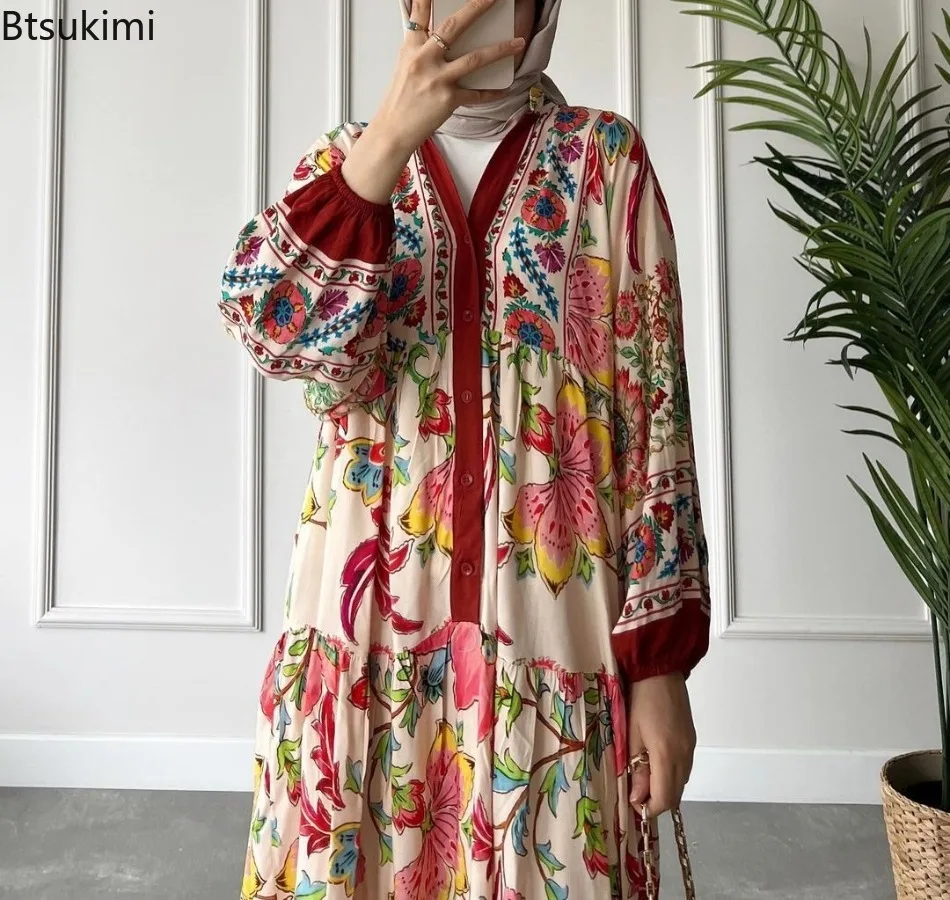 Eid Muslim Women\'s Maxi Dress Abaya Fashion Vintage Printed V-neck Party Dresses Dubai Kaftan Arab Robe Islamic Vestidos Females