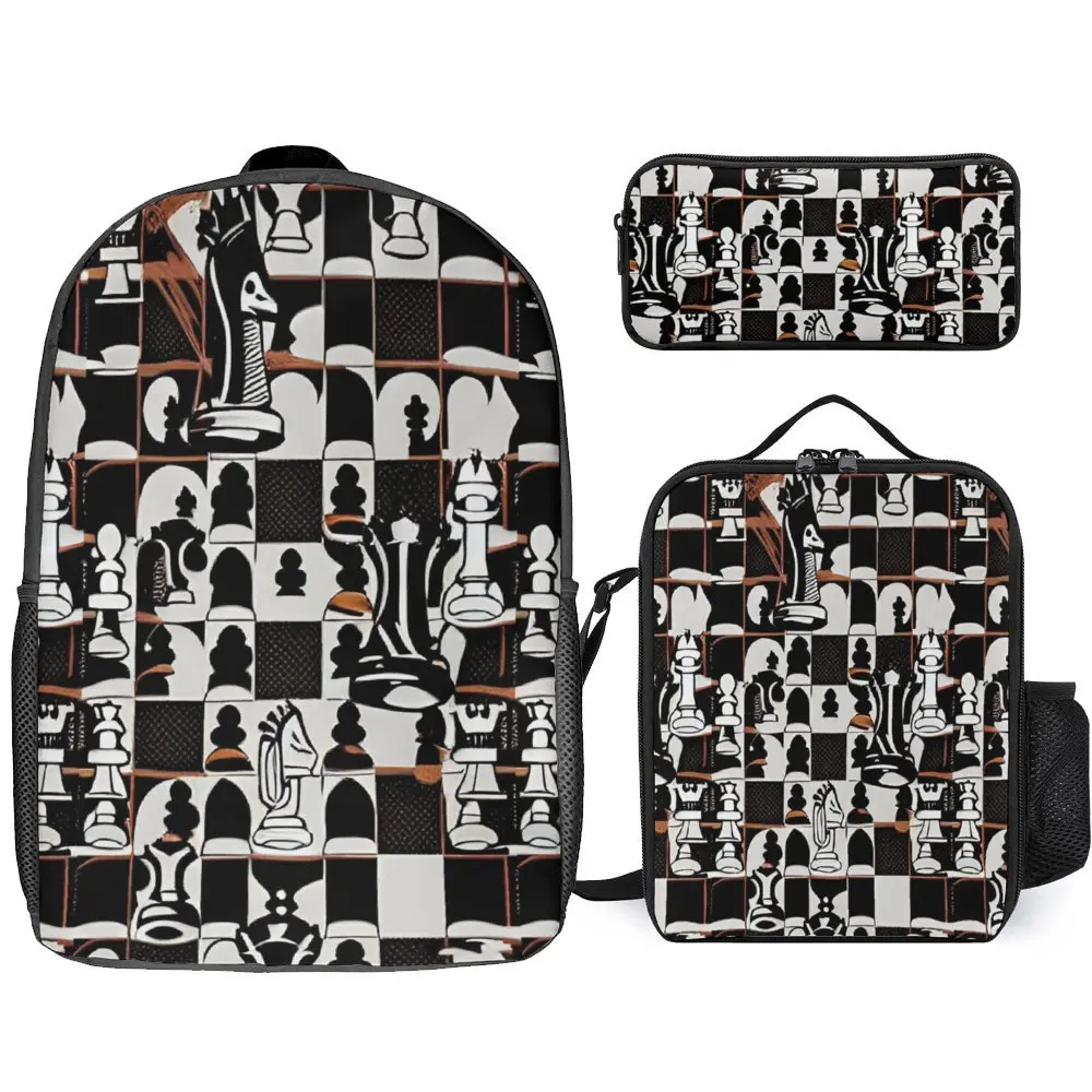 

Chess Black Board Game 2 3 in 1 Set 17 Inch Backpack Lunch Bag Pen Bag Schools Creative Durable Rucksack Snug