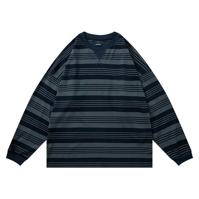 

Japanese Retro Striped Elastic Loose Long Sleeved T-shirt for Men and Women Casual Trendy Tees
