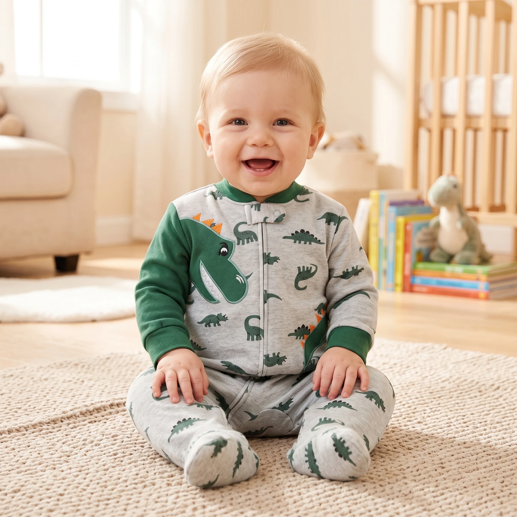 3-9M Newborn Boys Pure Cotton Footed Romper Cute Animal Print Embroidery Contrast Sleeve Zipper Onesie All Seasons Baby Clothes
