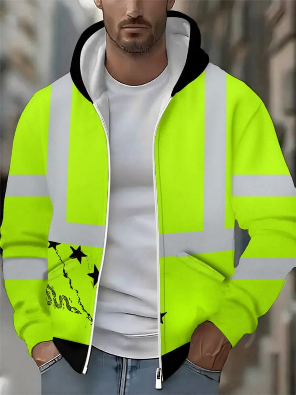 Herren 3D-Druck Neues Sicheres Logo Farbblock-Design Reißverschluss-Hoodie Lässiger Langarm-Pullover Arbeitskleidung Kapuzenpullover – Detail 5