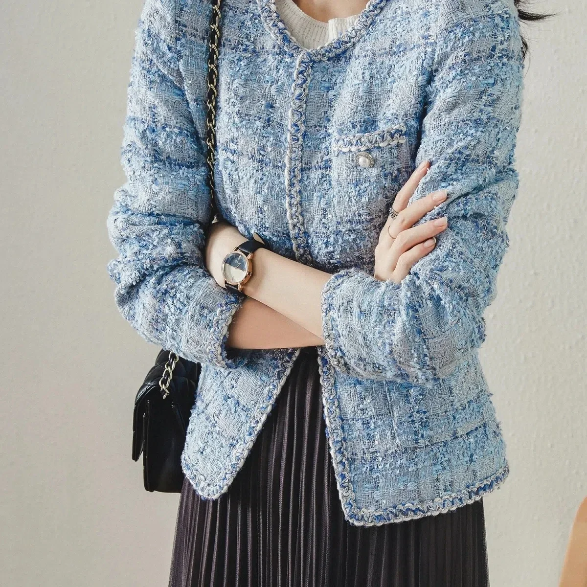 Imagem -02 - Jaqueta Xadrez Feminina Clássica de Tweed Azul Cabolsa de Passarela Feminino Gola em o Solta Primavera e Outono