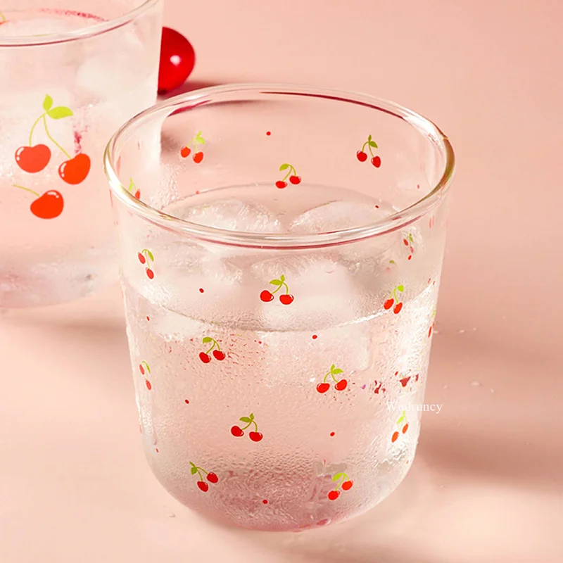 Wudruncy Cherry Print Glass Cute Girly Cherry Blossom Peach Pattern Milk Juice Drinking Cup Heat-resistant Big Oatmeal Cups