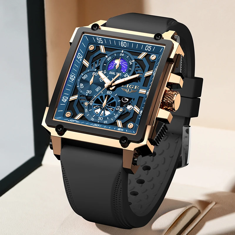 LIGE Military Mens Watch Fashion Sport Calendar Quartz Watches Men Waterproof Moon Phase Chronograph Silicone Strap Man Watch