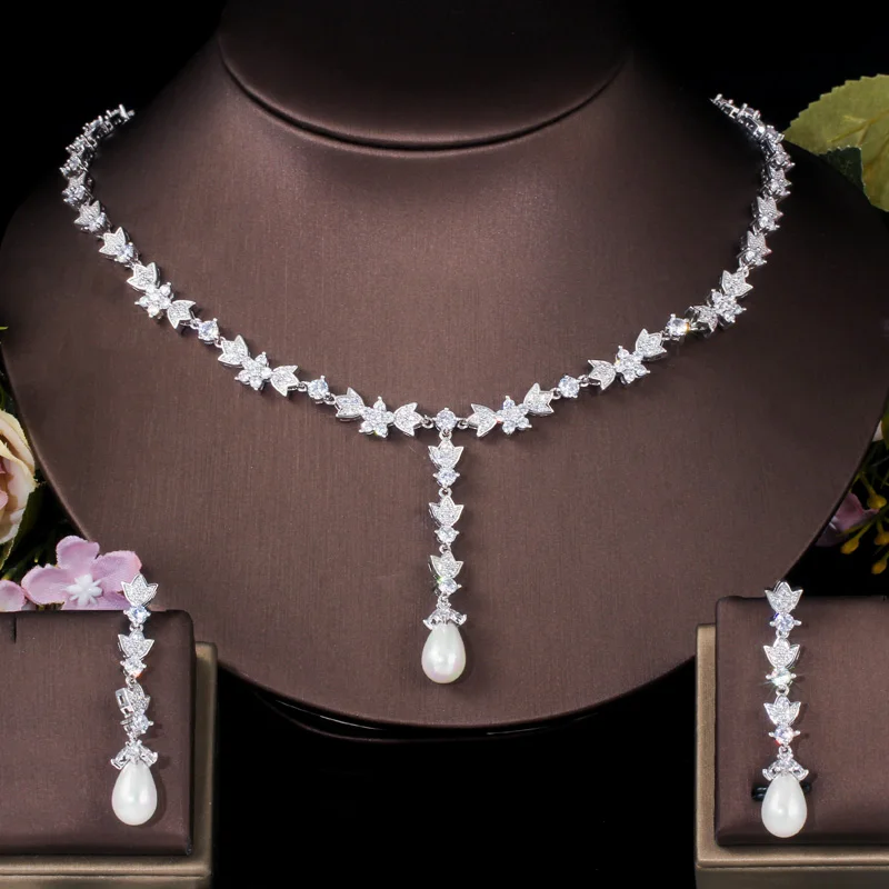 

ThreeGraces Elegant White CZ Stone Bridal Wedding Long Pearl Drop Necklace and Earrings Negerian Costume Jewelry Set JS622