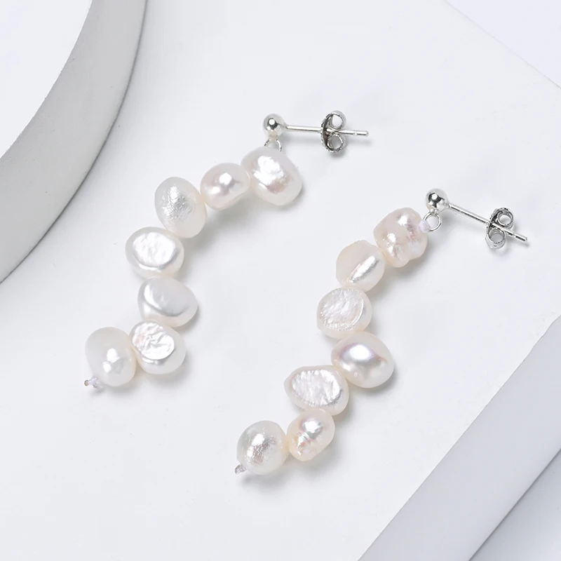 

HENGSHENG 5-6mm Freshwater White Pearl Baroque Interlaced Ear Line Fine 925 Sterling Silver Earrings For Women Girls Jewelry