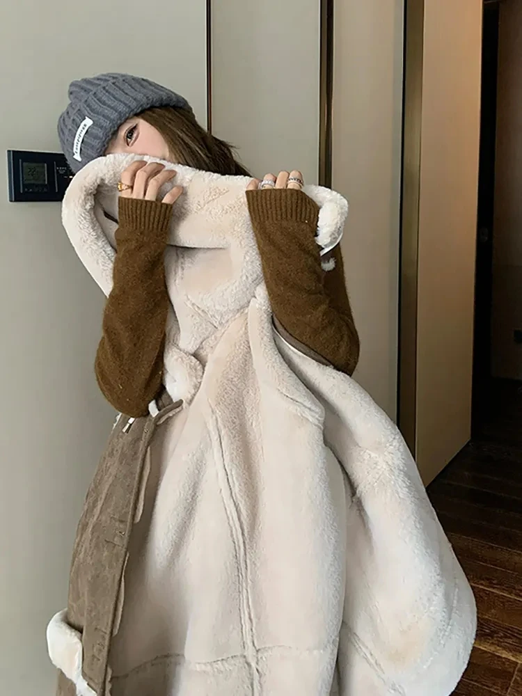 Fur Coat Ladies Winter 2023 New Lamb Add Velvet Padded Warm Autumn and Winter Loose Long Sleeved Big Pocket Splicing Hooded Coat