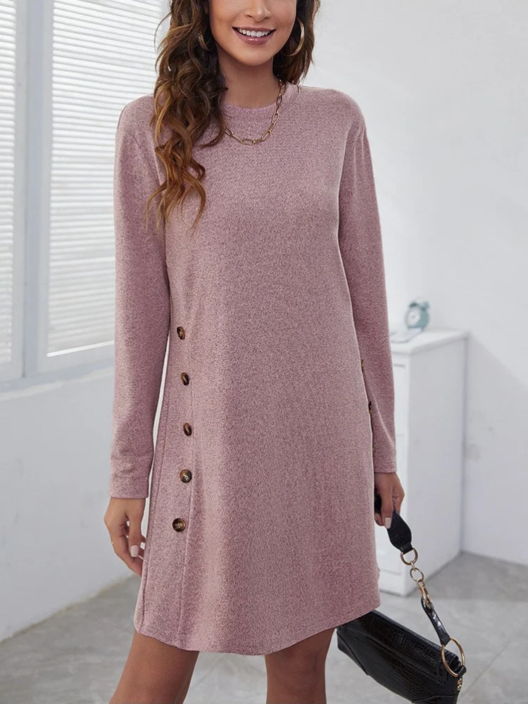 

2026 New Fashion Knit Sweater Dress Crew Neck Long Sleeve Button Detail Side Slit Casual Dresses