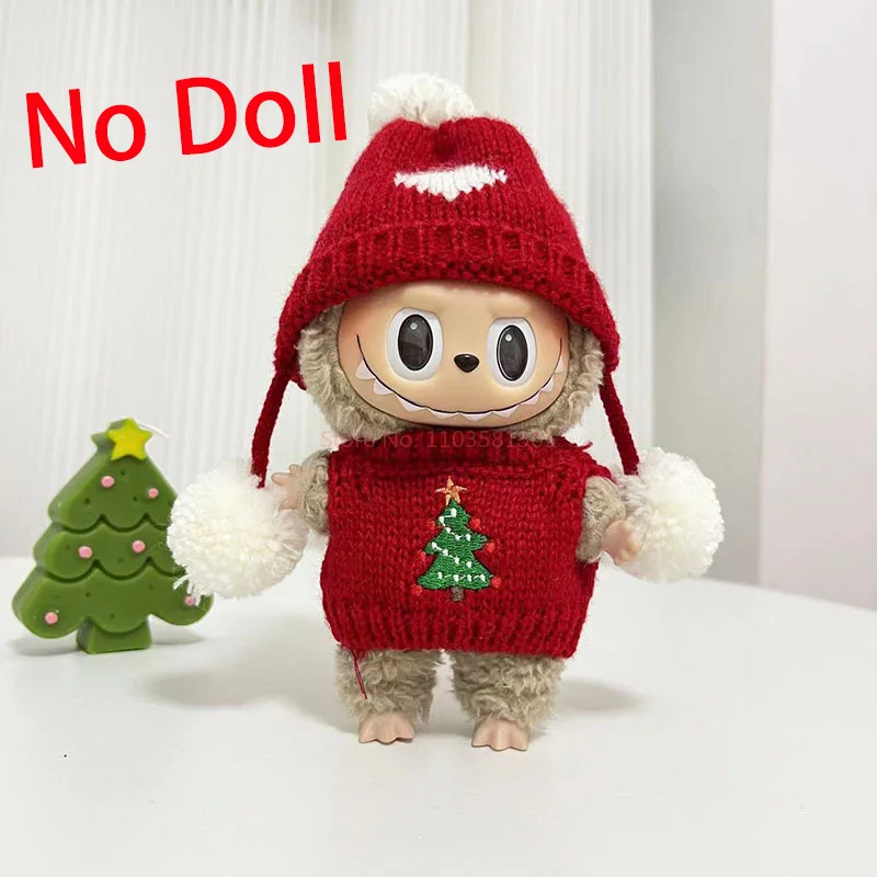 17cm Macaron Labubu The Monster V1/V2 Christmas Cartoon Cookies Sweater Hat Set Kawaii Doll Clothes Dressup Girl Surprise Gift