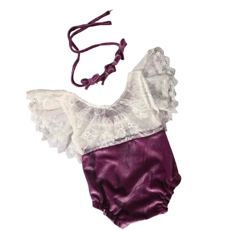 J15U مجموعة التصوير الفوتوغرافي لحديثي الولادة من الدانتيل المخملي مع ربطة رأس جميلة على شكل فيونكة لحديثي الولادة