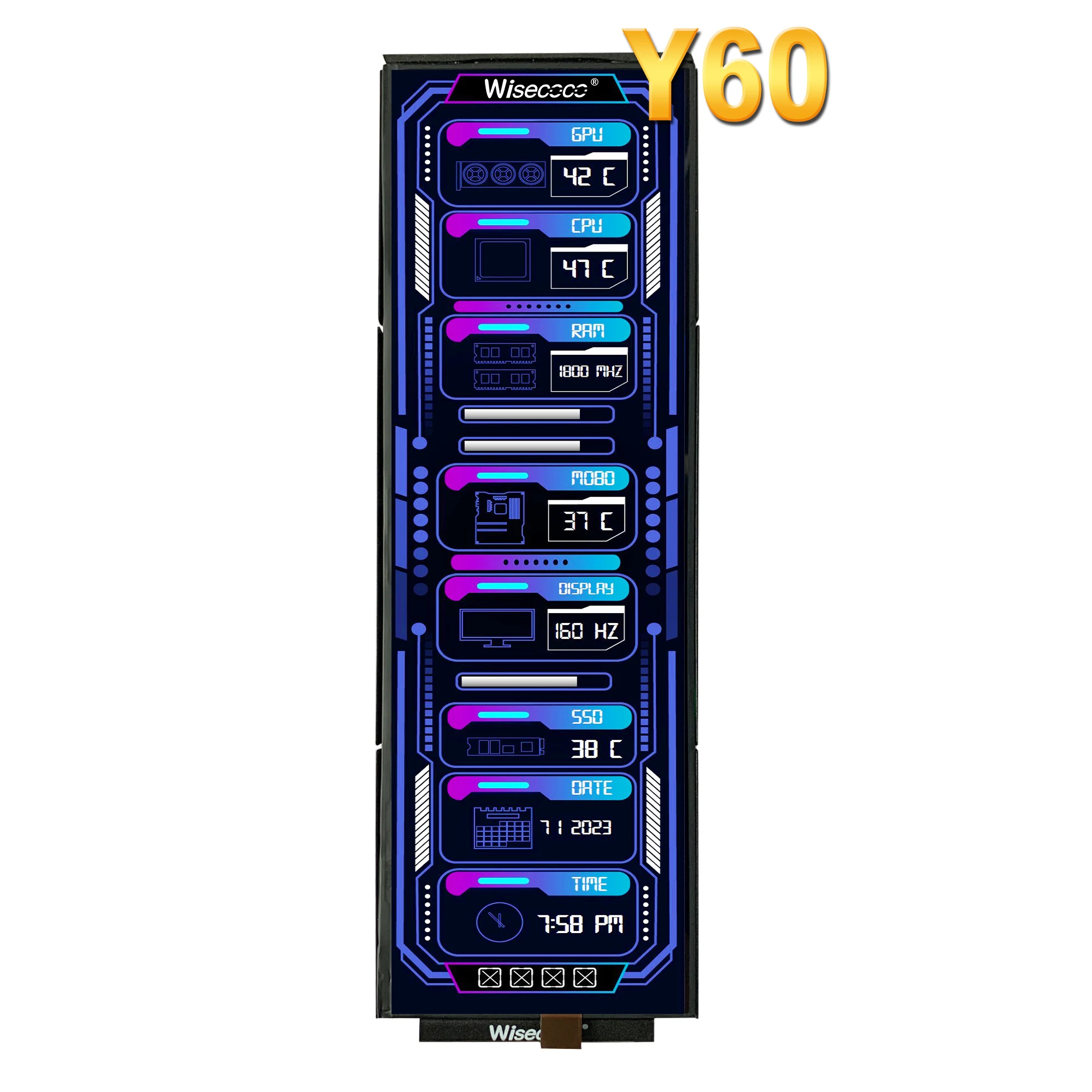 Wisecoco 12.6 Inch Portable Monitor PC Gamer Auxiliary LCD Display Velocity CPU GPU Temperature Monitoring for DIY Y60 Case