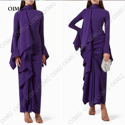 OIMG Purple Stratch Satin Tiered Beach Custom Evening Dresses Long Sleeves High Neck Arabic Women Prom Gowns Formal Party Dress