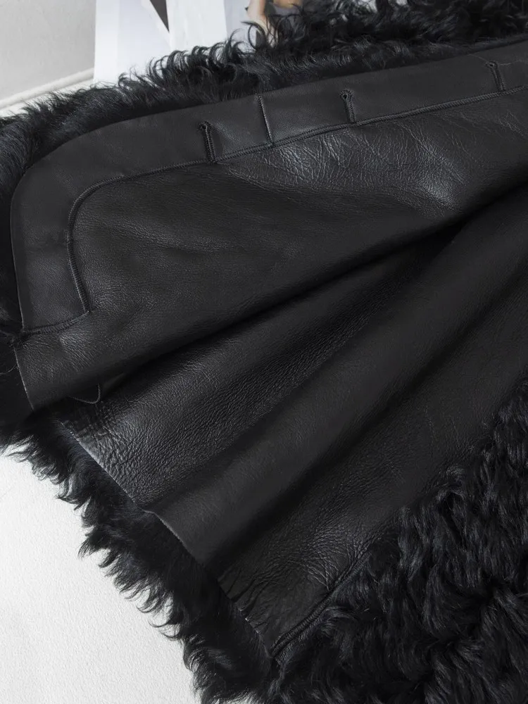 Chaqueta Vintage de invierno con una hilera de botones y cuello redondo para mujer, abrigo de piel de oveja auténtica, abrigo cálido para fiesta, abrigo holgado negro de lana Natural