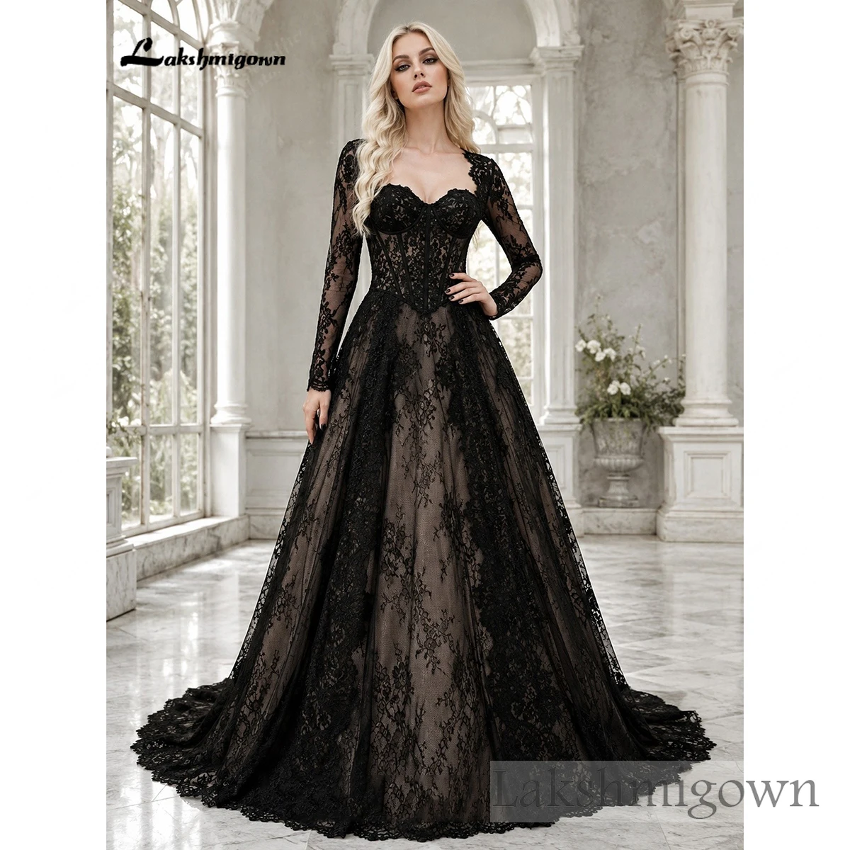 Lakshmigown Sweetheart Schwarzes Spitzen-Gothic-Hochzeitskleid mit langen Ärmeln, Korsett-Mieder, A-Linie, Nude-Futter, Brautkleid nach Maß – Detail 5