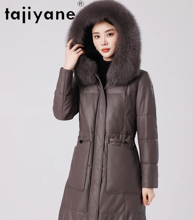 TAJIYANE-abrigo de piel de oveja para mujer, chaqueta larga ajustada con capucha de cuero genuino, abrigos con cuello de piel de zorro, ropa de invierno para mujer 2025