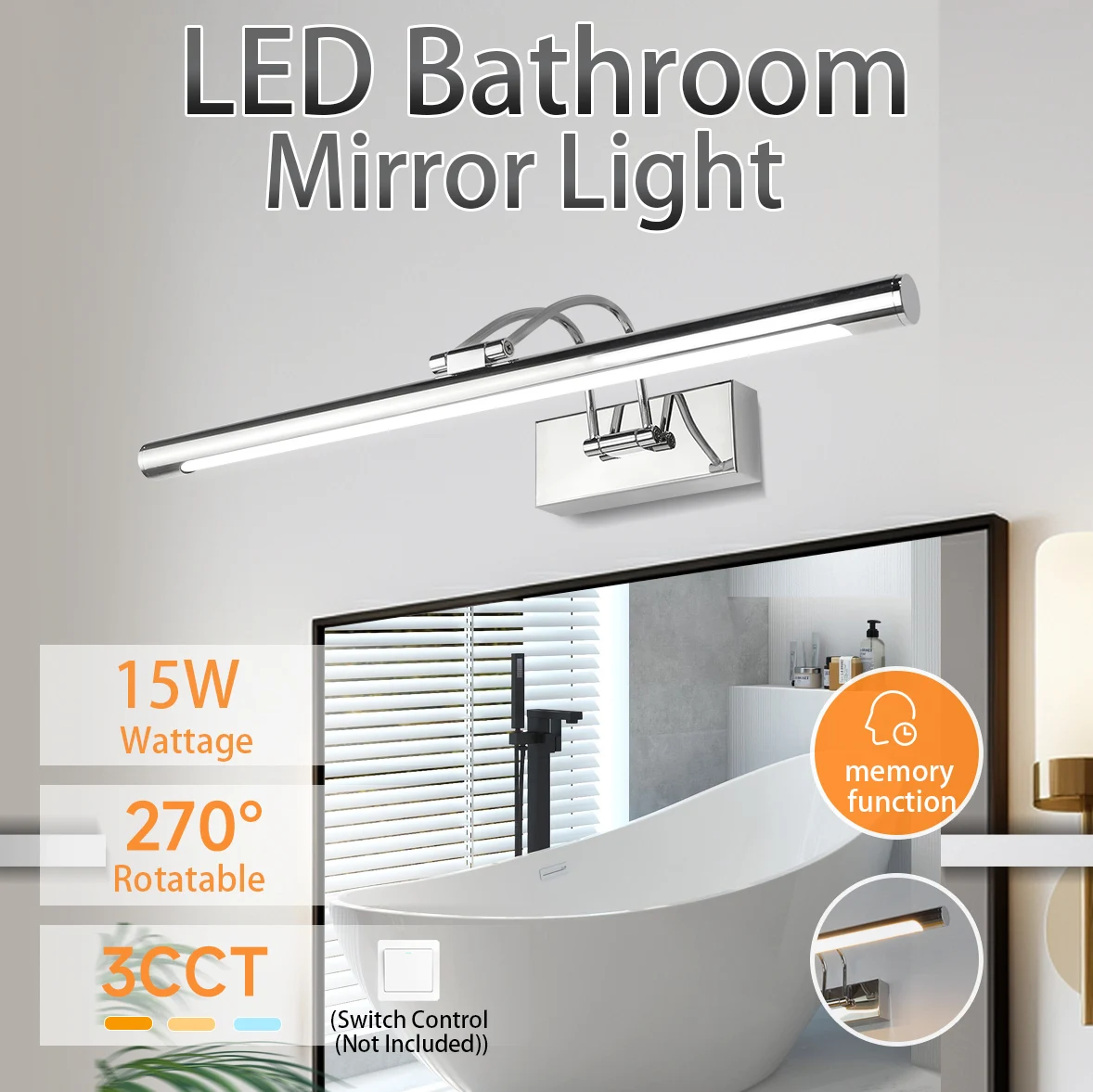 مرآة الجبهة ضوء ثلاثي الألوان قابل للتعديل أضواء مرآة مع الذاكرة 85-265 فولت Led مرآة الأضواء يشكلون مصباح لغرفة نوم الحمام