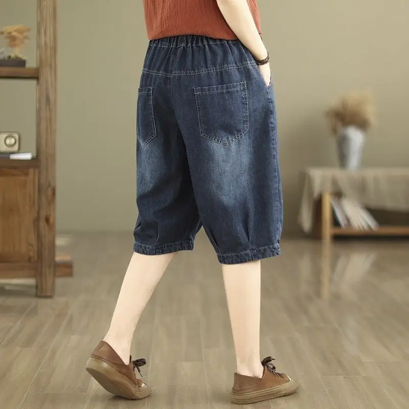 الرجعية المرقعة المطرزة الجينز خمس دقائق الدنيم الحريم جديد الصيف فضفاض منتصف طول السراويل #6