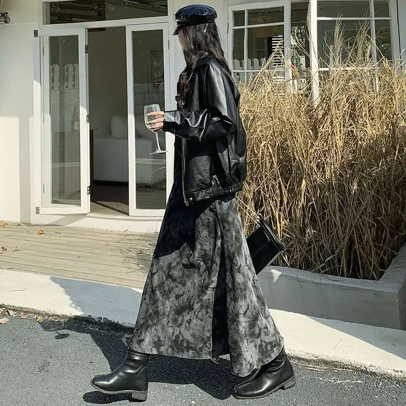 

Черная винтажная юбка с эффектом тай-дай и эластичной талией, универсальная длинная юбка для осени и