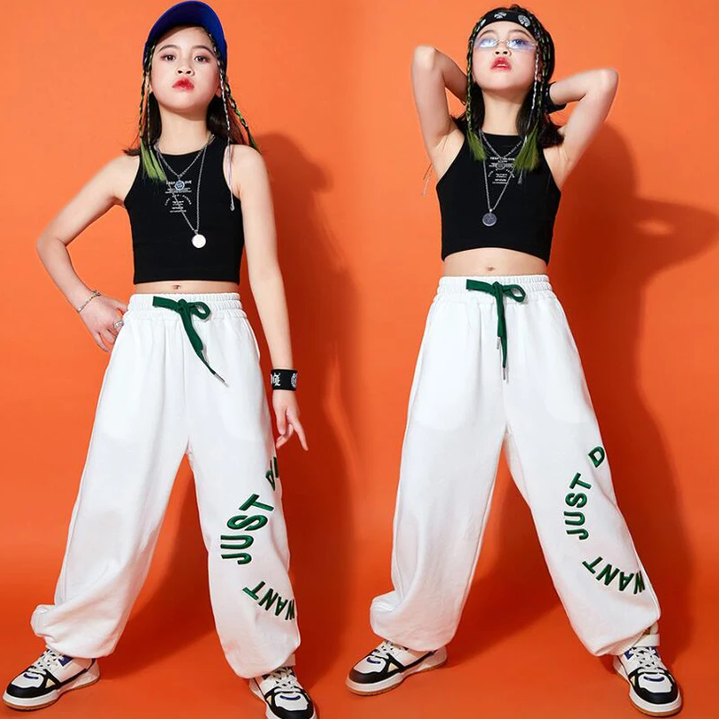 Kids Kpop Outfits Hip Hop Clothing Crop Tank Vest Casual Streetwear Sweat Jogger Pants for Girl Jazz Dance Costume Rave Clothes