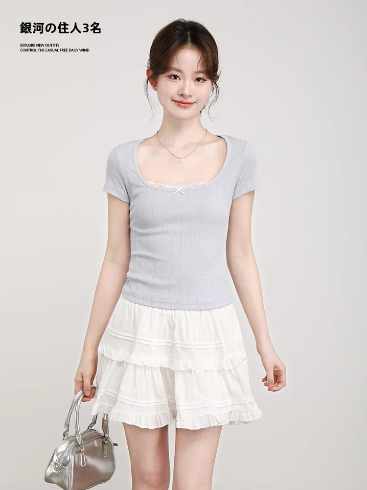 

Женская футболка с коротким рукавом в стиле Sweet Style, приталенная, с квадратным вырезом, тонкая, базовая, летняя, модный дизайн Galaxie Resident 2026