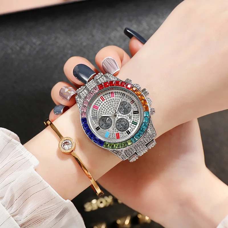 Women Watch Girl Simple Gold Dial Iced Out Quartz Clock Luxury Rhinestone Wrist Watch Big Size for Women Watches Reloj Mujer