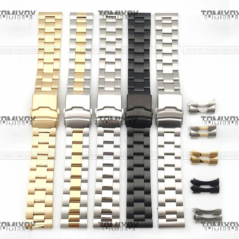 18 20 22 24MM Flat End And Curved End Black Silver Gold Solid Three Beads Dive Stainless Steel Watch Band