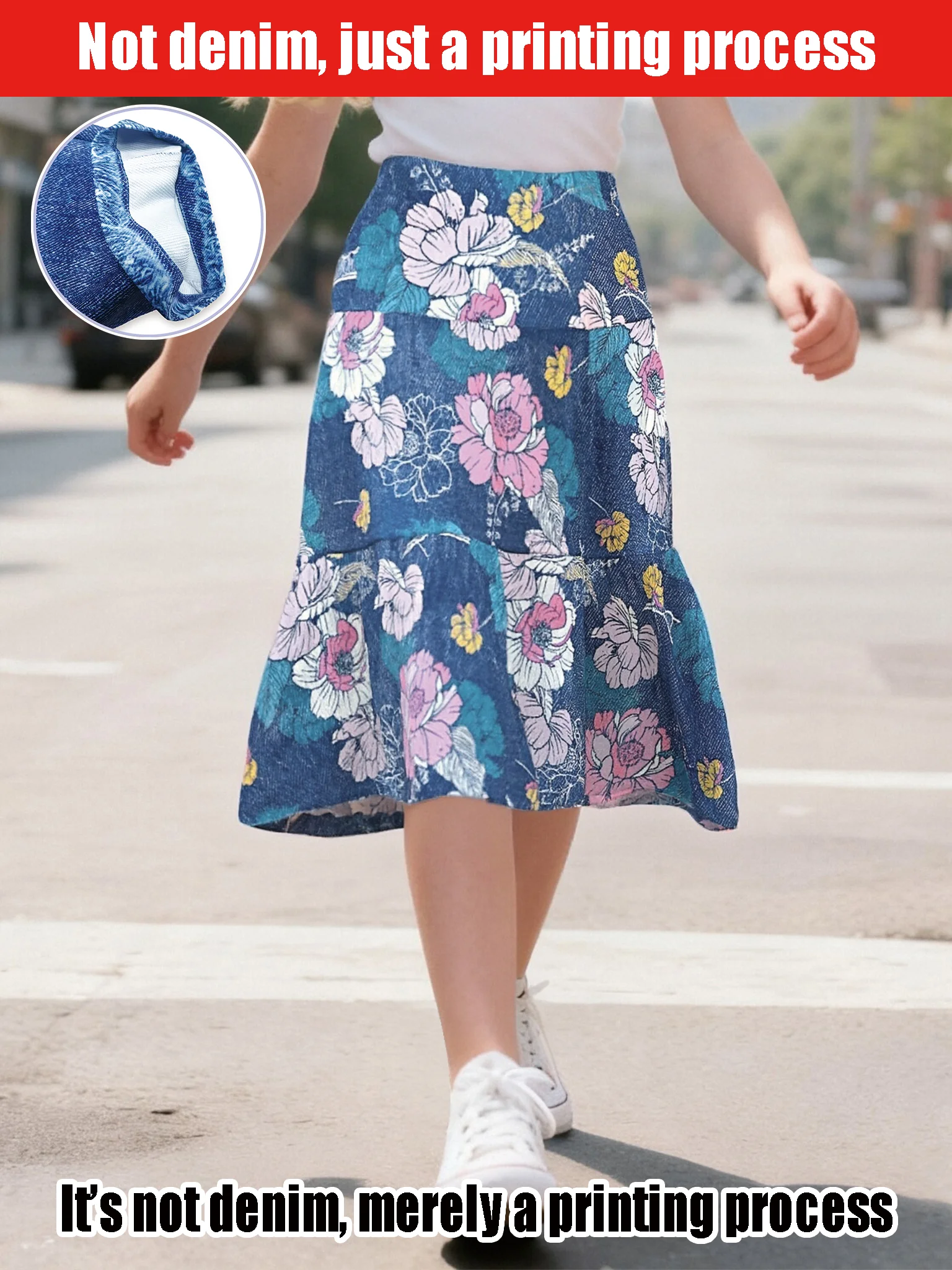 

2025 Girl Retro Imitation Denim Floral Cake Skirt, Fresh and Sweet Medium and Long Playful Skirt
