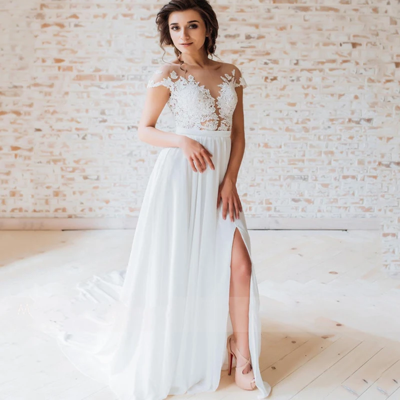 

Wedding Dress 2023 Custom Made A Line Chiffon Boho Bridal Gowns Long Sleeves Robe De Mariee See-through Appliques Lace