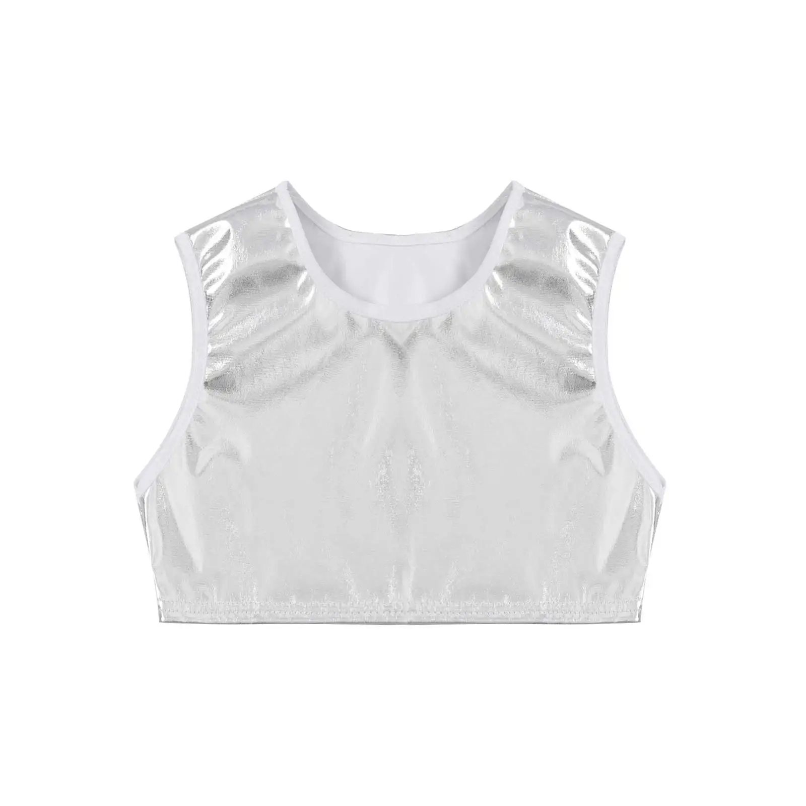 Kids Boys Girls Metallic Dance Tops Sleeveless Shiny Tank Crop Top Vest For Gymnastic Ballet Dancewear Stage Performance Clothes