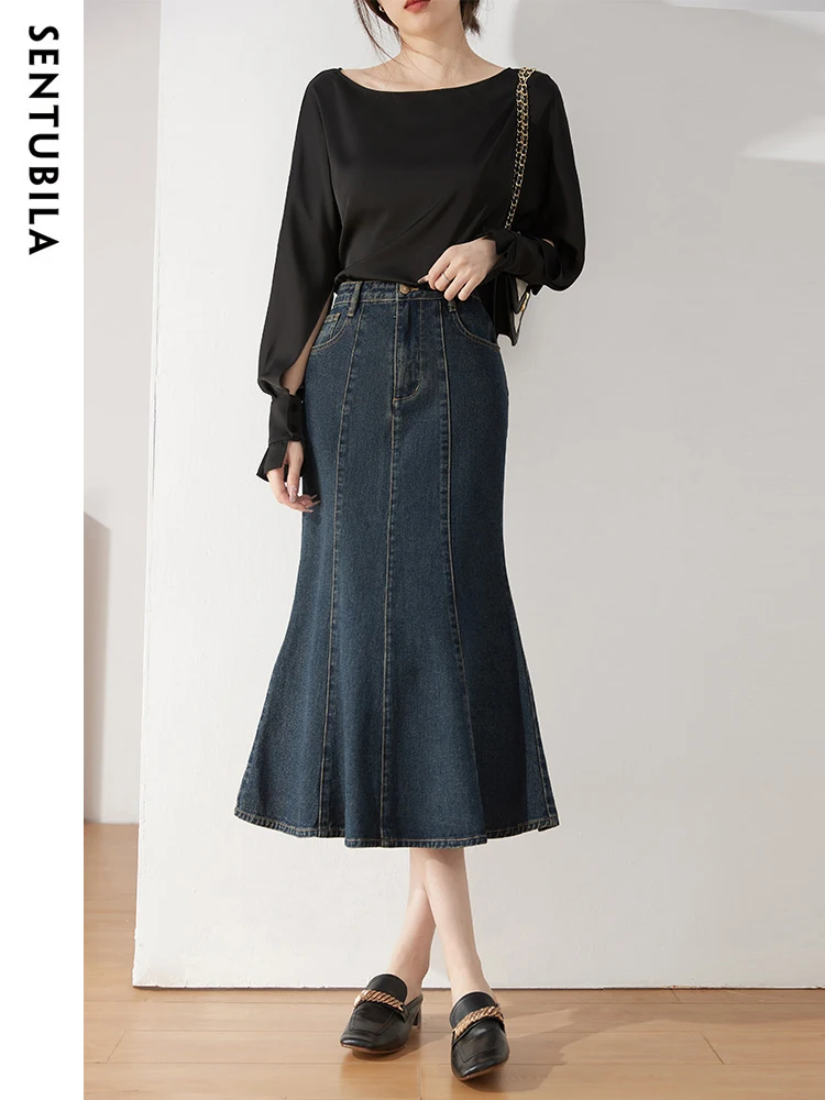 

SENTUBILA 100% Cotton Mermaid Denim Skirt for Women 2024 Autumn Fashion High Waist New Trumpet Skirts Gentle Female W33Q50639