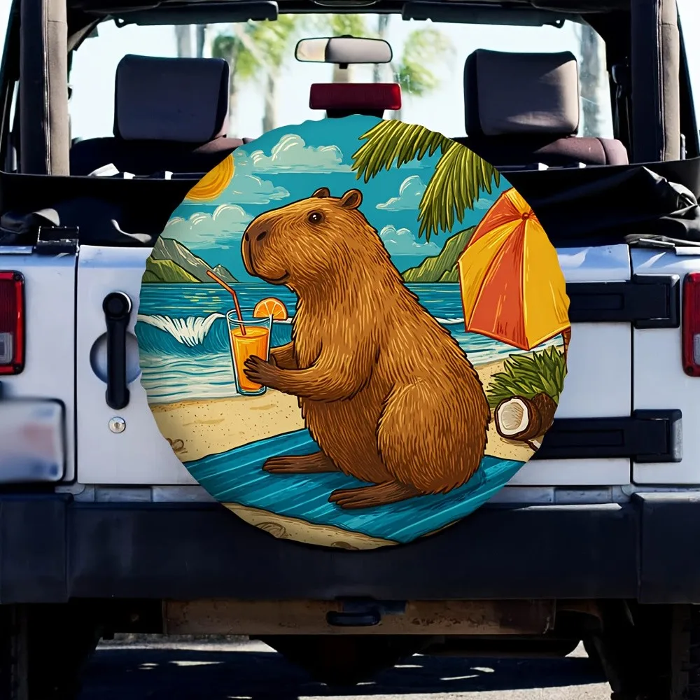 

Capybara Beach Drink Spare Tire Cover Polyester SUV Trailer Waterproof Protector