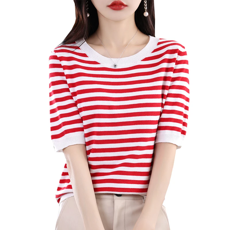 

Summer New 100% Cotton Knitted T-Shirt for Women, Five-Quarter Sleeve, Short Sleeve, Loose Fit, Color Block Striped Base Tee Top