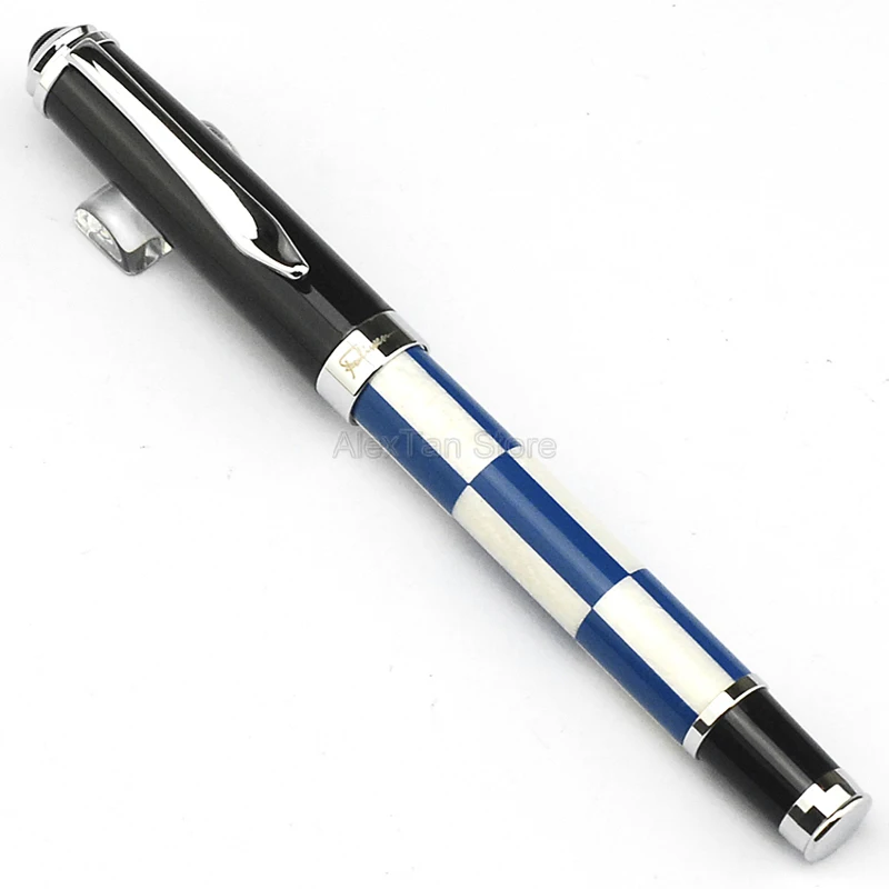 Fuliwen Celluloid Luxury Fountain Pen Medium Nib 0.7mm Blue & White Squares Pattern Pen For Writing Ink Pen