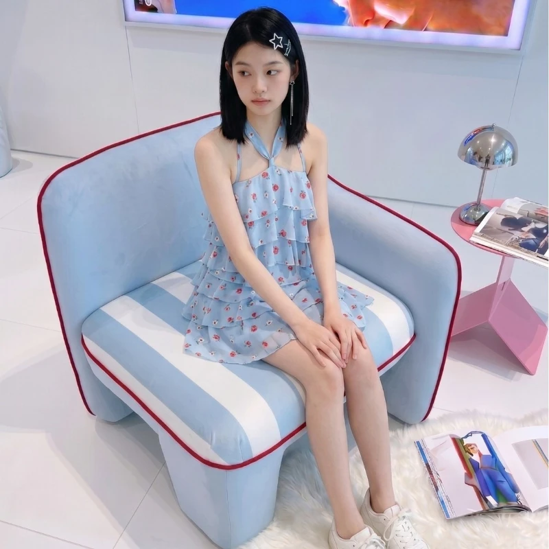 Single sofa chair Leisure chair Blue striped living room dopamine back chair Bedroom sofa Comfortable small sofa